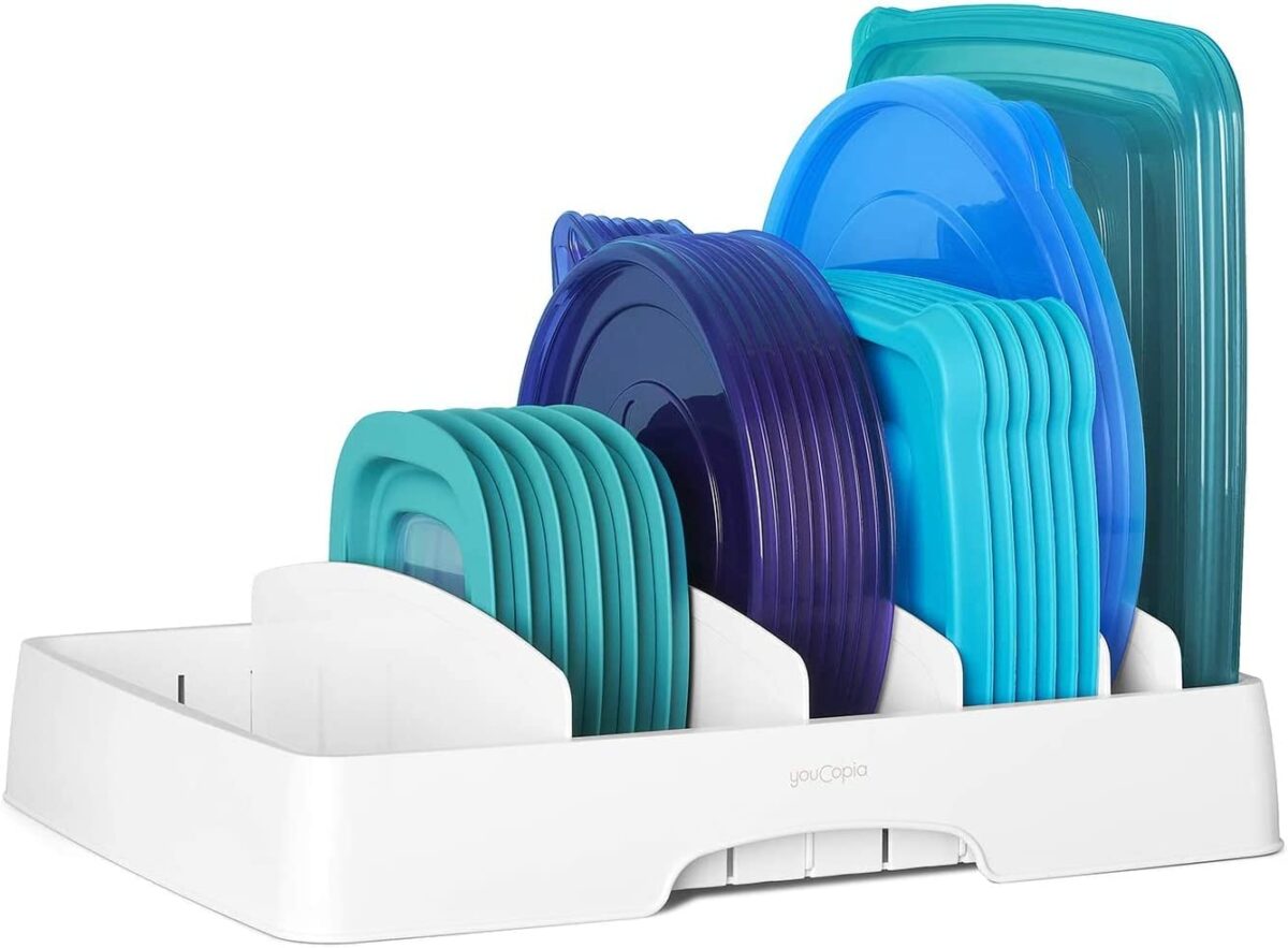 Food Container Lid Organizer, Large, Adjustable Plastic Lid Storage for Kitchen Cabinets, White - Image 1