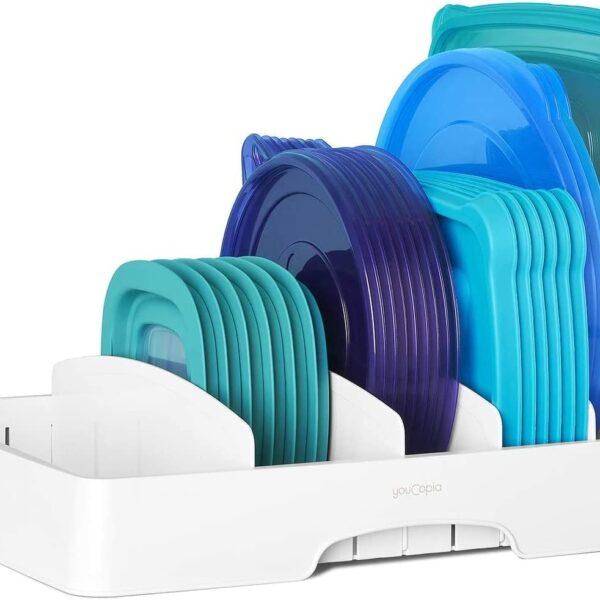 Food Container Lid Organizer, Large, Adjustable Plastic Lid Storage for Kitchen Cabinets, White